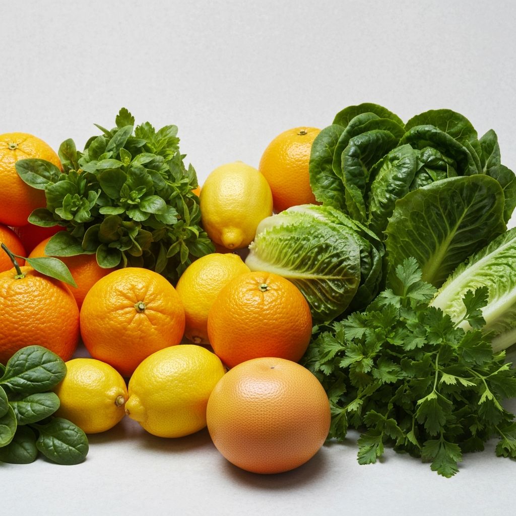 Natural vitamin-rich foods including citrus fruits and leafy greens